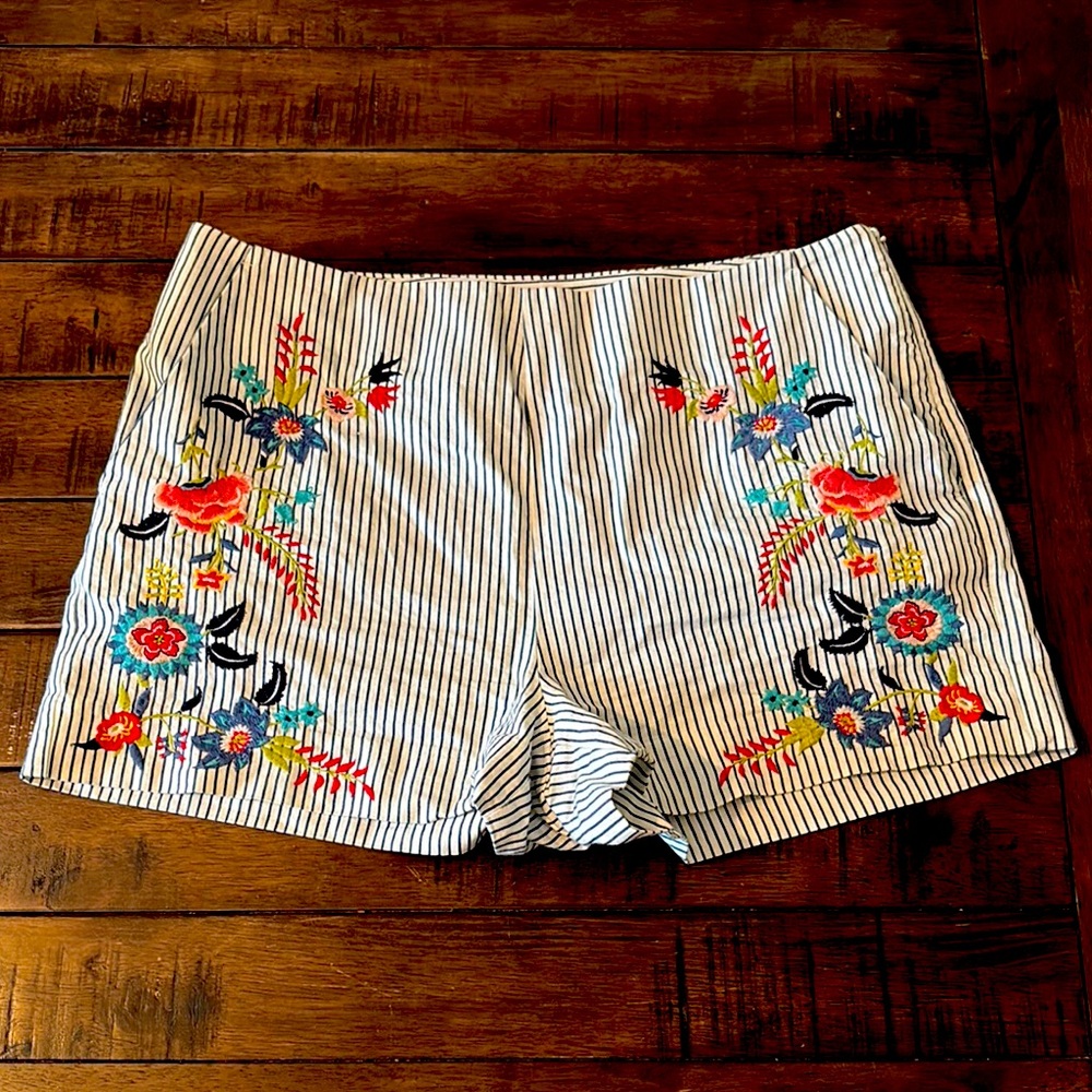 LOFT White and Blue Striped Embroidered Shorts